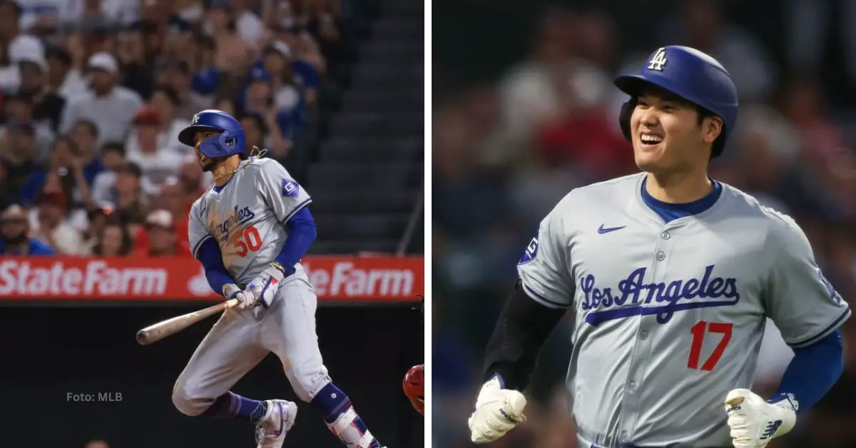 Mookie Betts conectado jonron y Shohei Ohtani celebrando con Los Angeles Dodgers