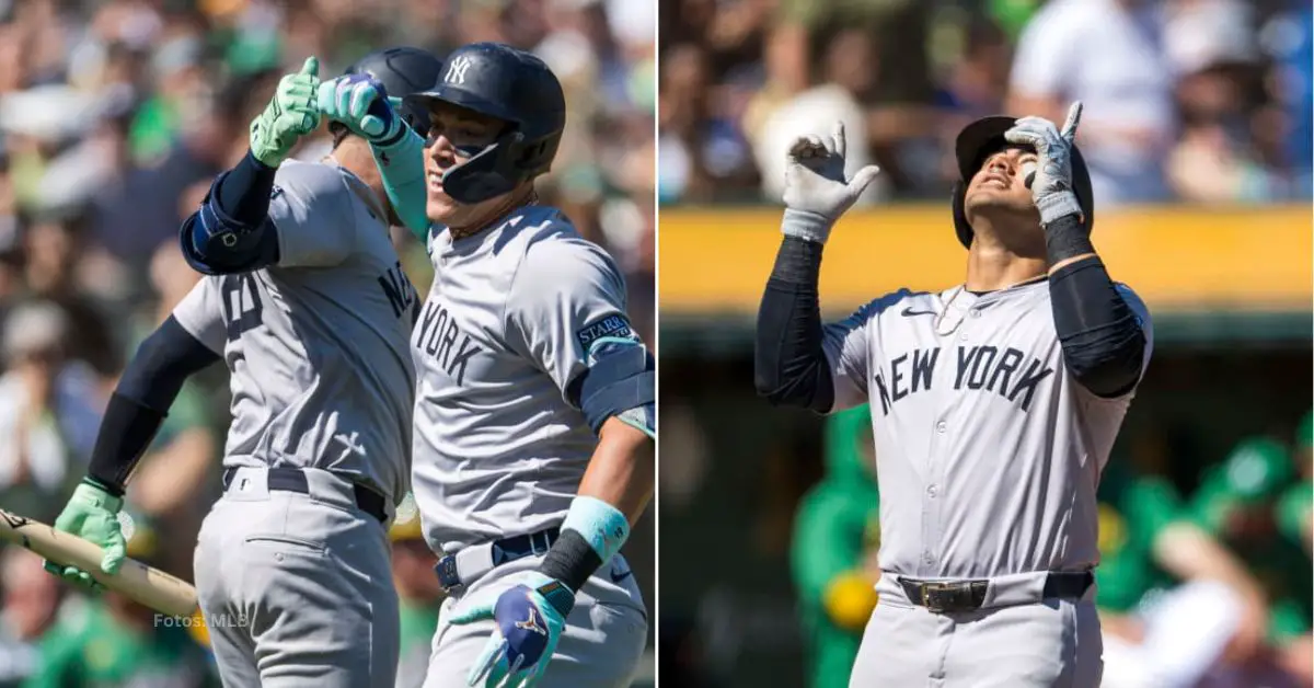 Aaron Judge y Jasson Domínguez celebrando tras conectar jonrón